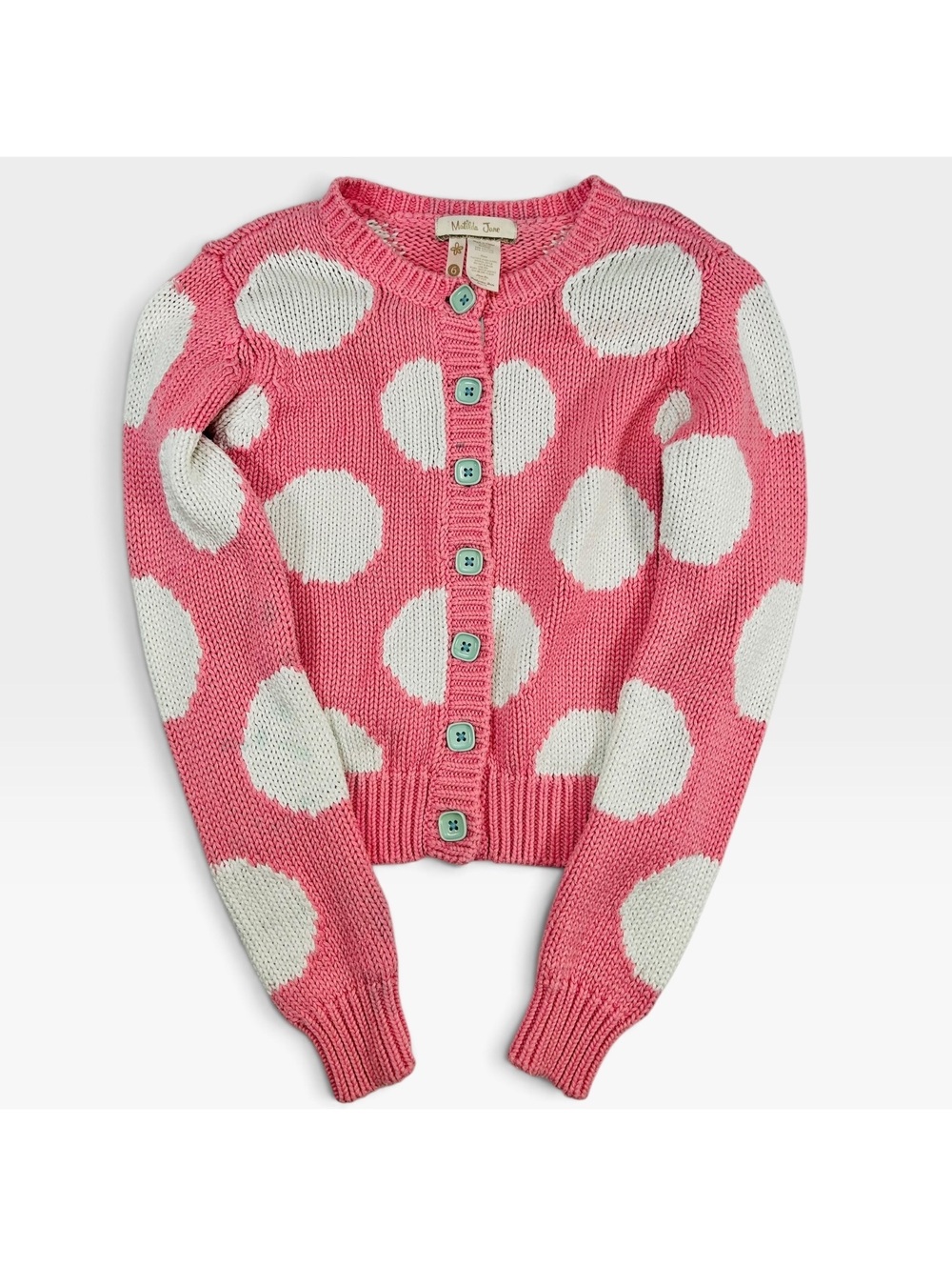 Matilda Jane Girls 6 Pink White Polka Dot Chunky Knit Cardigan Sweater 71703